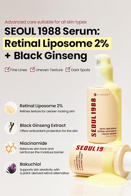 KSECRET SEOUL 1988 Serum : Retinal Liposome 2% + Black Ginseng, 30ml/1.01fl.oz | 58% Black Ginseng Extract | Retinal serum, Bakuchiol, VitaminC&3Peptides for Wrinkle Care | Korean Skincare | seoul1988