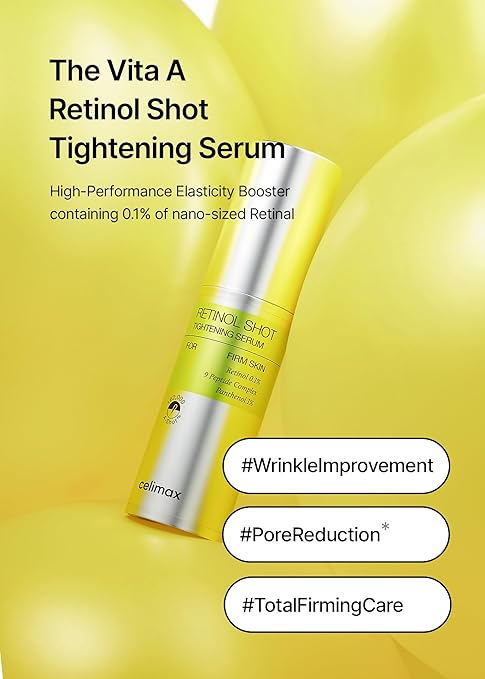 Celimax The Vita-A Retinol Shot Tightening Serum with Pure Vitamin-A, 0.1% Retinol, 9 Peptides & Panthenol for Pore Minimizing, Wrinkles & Fine Lines, Firmer Skin, Anti-Aging, Skin Smoothing (30ml)